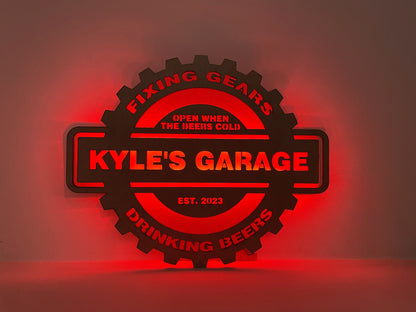 Personalized Wood LED Garage Mechanic Gear Sign
