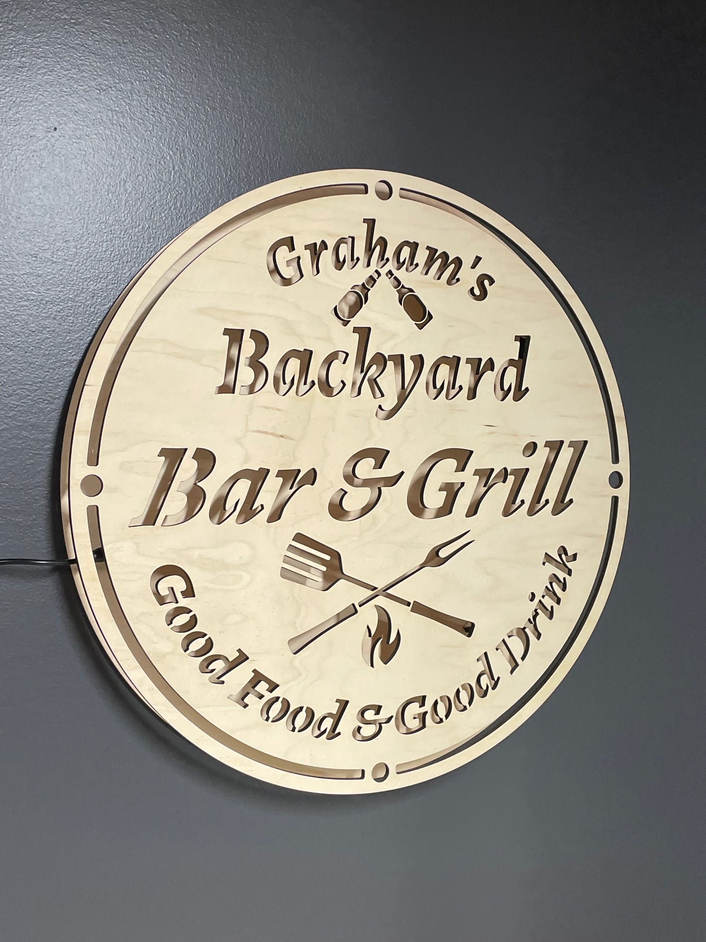 Personalized Wood LED Backyard Bar & Grill Sign